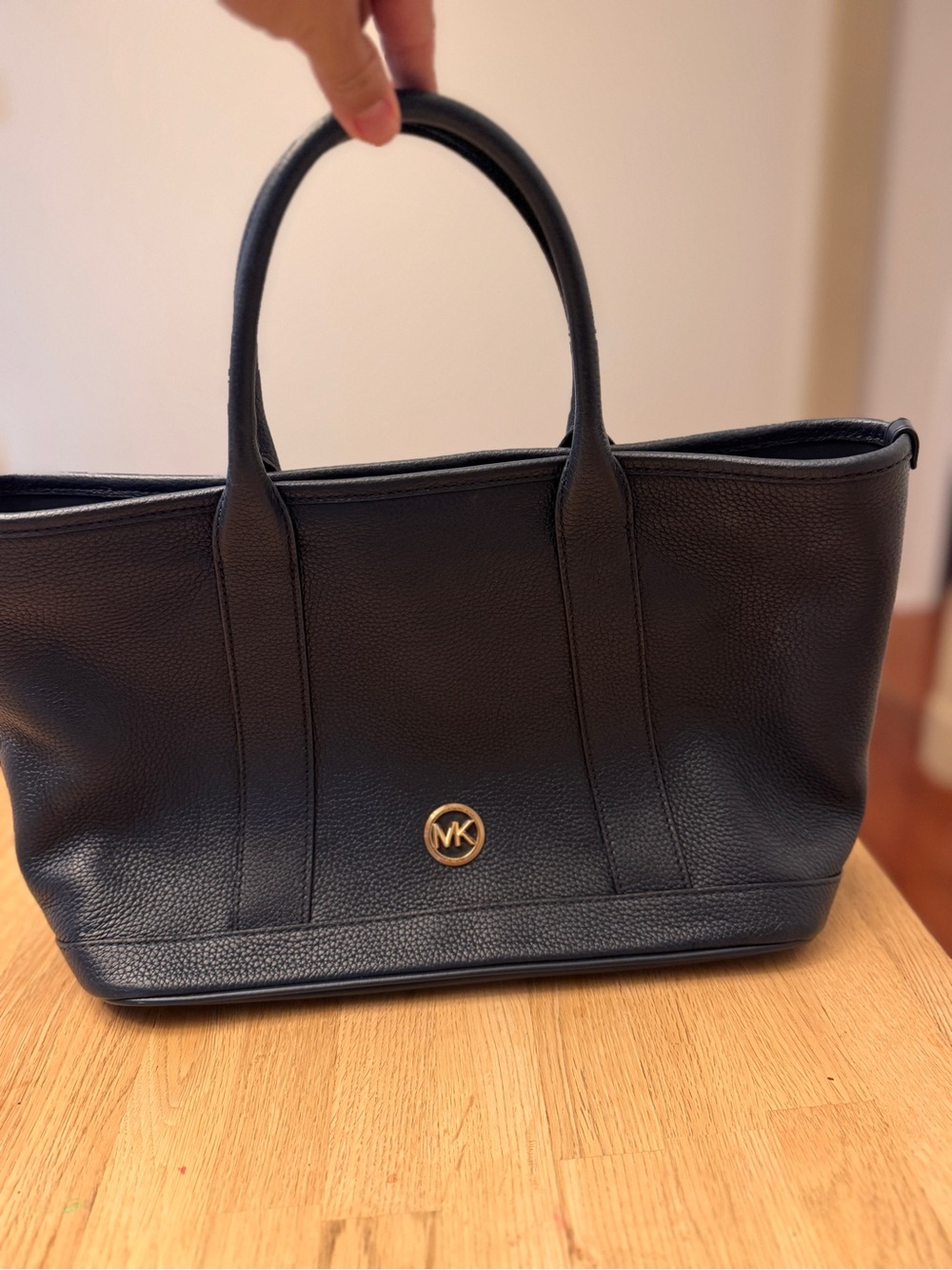 Michael Kors Dark Blue Leather Tote with Gold MK Medallion